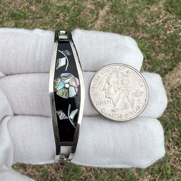Vintage Alpaca‎ Mexico Women's Bracelet Abalone Shell Floral Silver Tone Signed - Picture 4 of 16